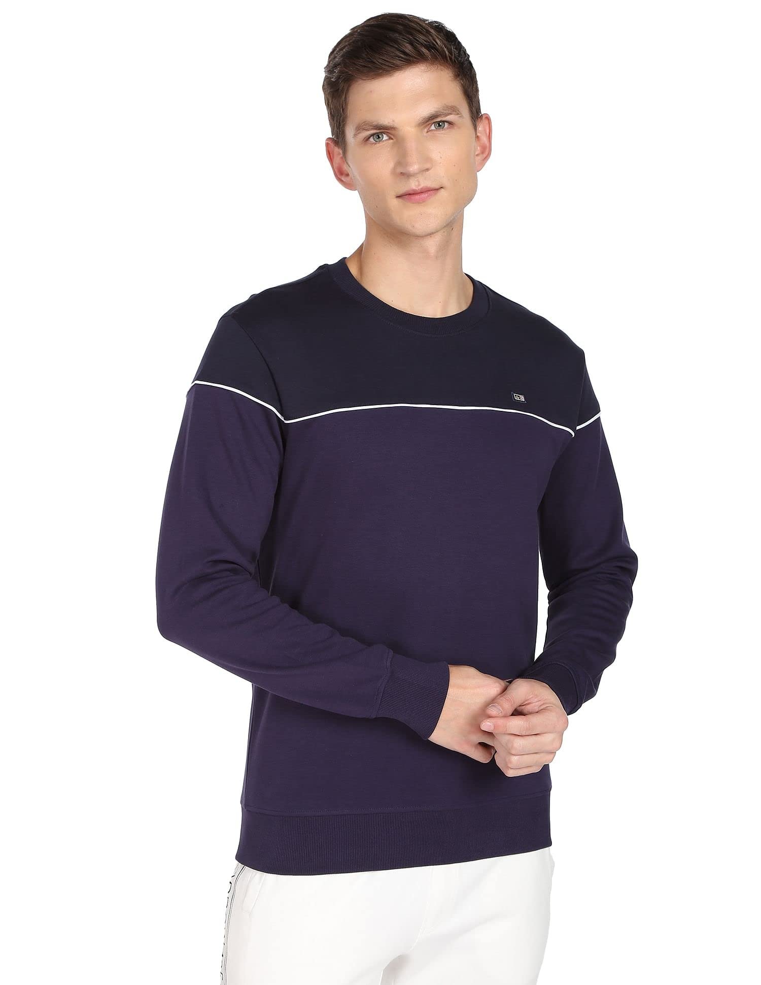 Arrow Men Navy Contrast Piping Crew Neck Cotton Sweatshirt - Image 3