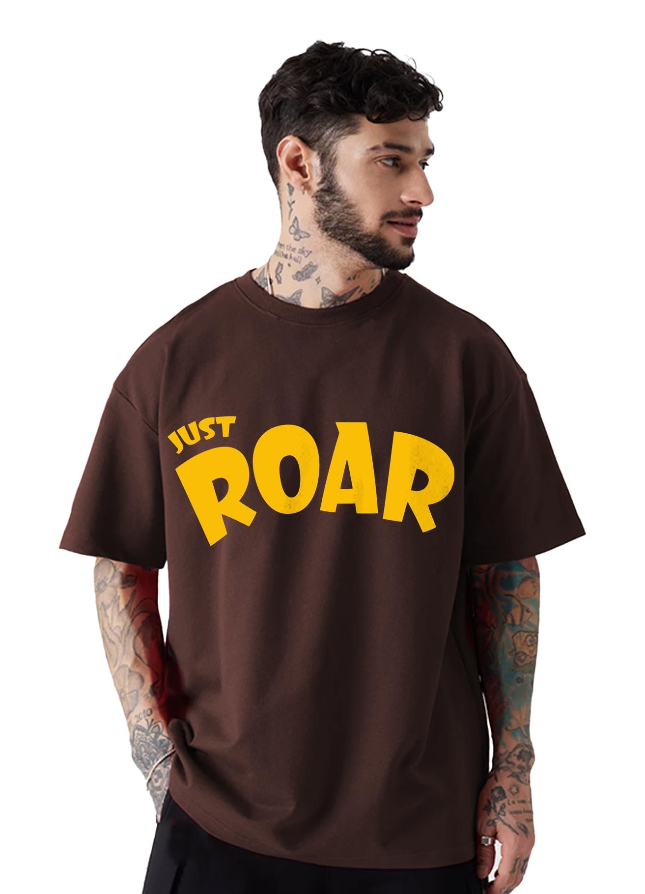 LEOTUDE Men's Cottonblend Oversized Half Sleeve Round Neck Tshirt (FS_49ROAR_P_Brown_XL)