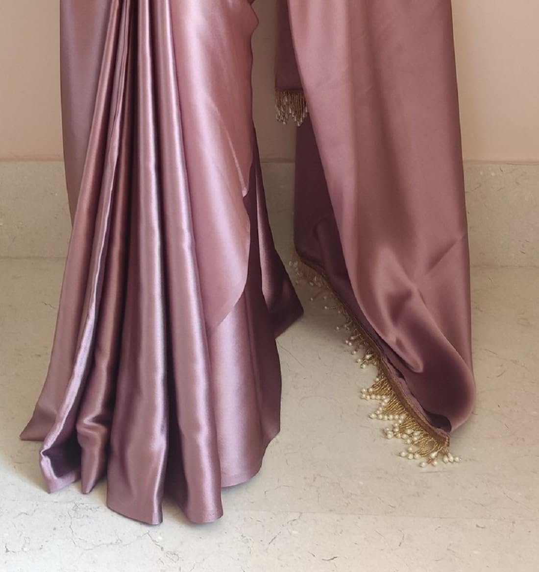 SATAZ Women's Ready to Wear Rose Gold Satin Silk 1 Minute Pre Pleated Readymade Saree with Unstitched Rose Gold Blouse - Image 2