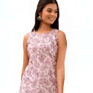 POISED Women's Sleeveless Block Print Cotton Kurti, Short Length Tunic Top with Side Slits (in, Alpha, S, Regular, Purple)