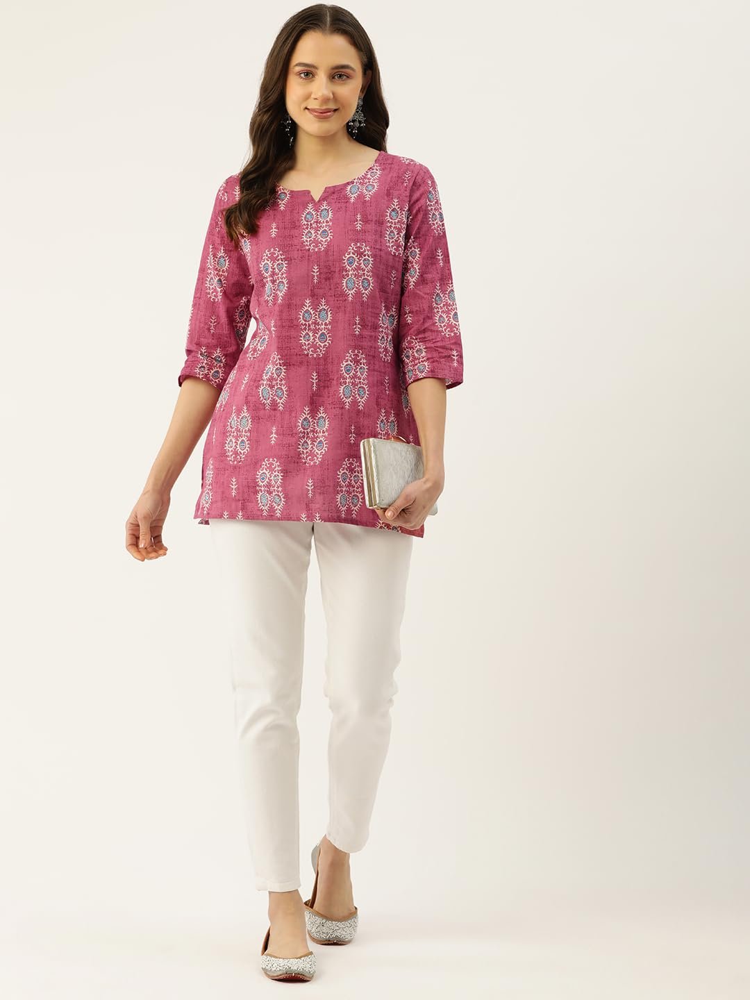 feranoid 3/4 Sleeve Round Neck Vcut top Magenta - Image 2