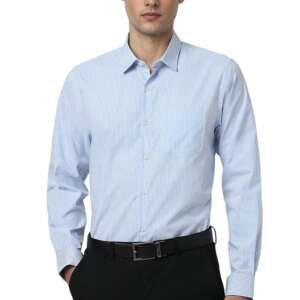 Peter England Men's Slim Fit Full Sleeve Pin-Striped Formal Shirt | Cotton-Rich | Wonder Fabric | Pin Point Oxford Blue, 40