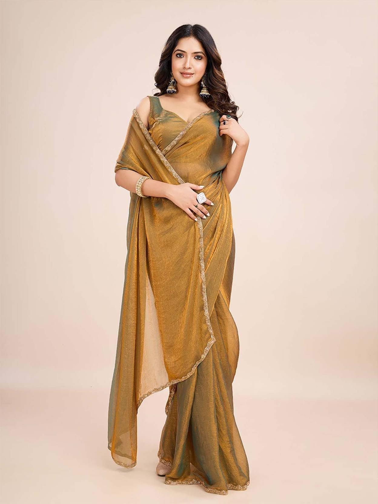 Kaugalian store Women's Shimmer Chiffon soft silk two tone saree with Lace Boarder Shiny Stone and Diamond Work Saree With Unstitched Blouse Piece(5.5 mt Saree with 0.8 mt blouse piece) - Image 5