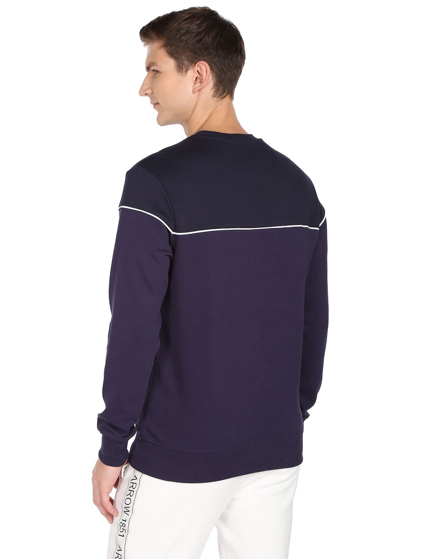 Arrow Men Navy Contrast Piping Crew Neck Cotton Sweatshirt - Image 4