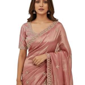 Glory Sarees Women’s Pure Organza Tissue Silk Beads Handwork Saree With Blouse Piece (Handwork_Saree1_DustyRose)
