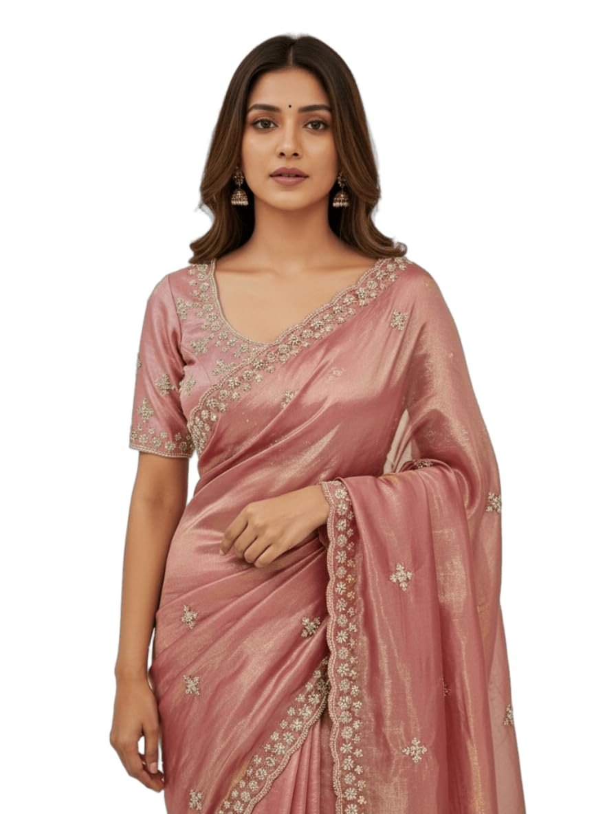 Glory Sarees Women’s Pure Organza Tissue Silk Beads Handwork Saree With Blouse Piece (Handwork_Saree1_DustyRose)