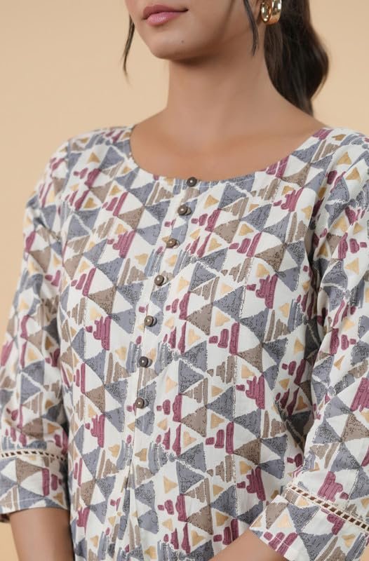 Janasya Women's Off White Cotton Geometric Regular Tunic(JAA24TU00161-L) - Image 2