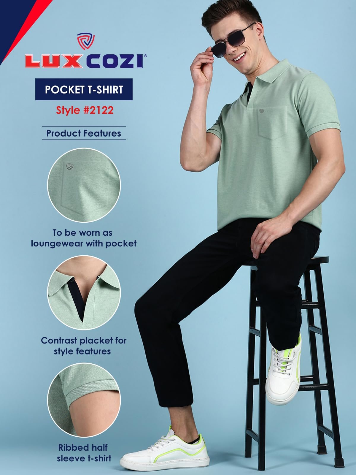 Lux Cozi Men's Half Sleeve Soild Casual T-Shirt with Chest Pocket_COZI_2122_MTGRN_2XL_1PC Mint Green - Image 7