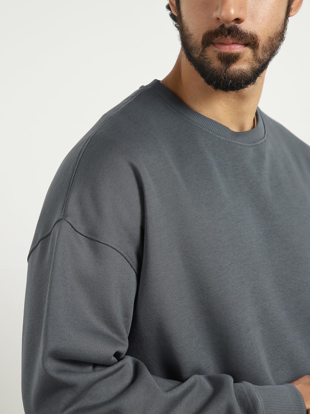 NOBERO Men's Cotton Blend Crew Neck Oversized Fit Sweatshirt (1M-TWSS-R0005_Graphite, X_Large) - Image 4