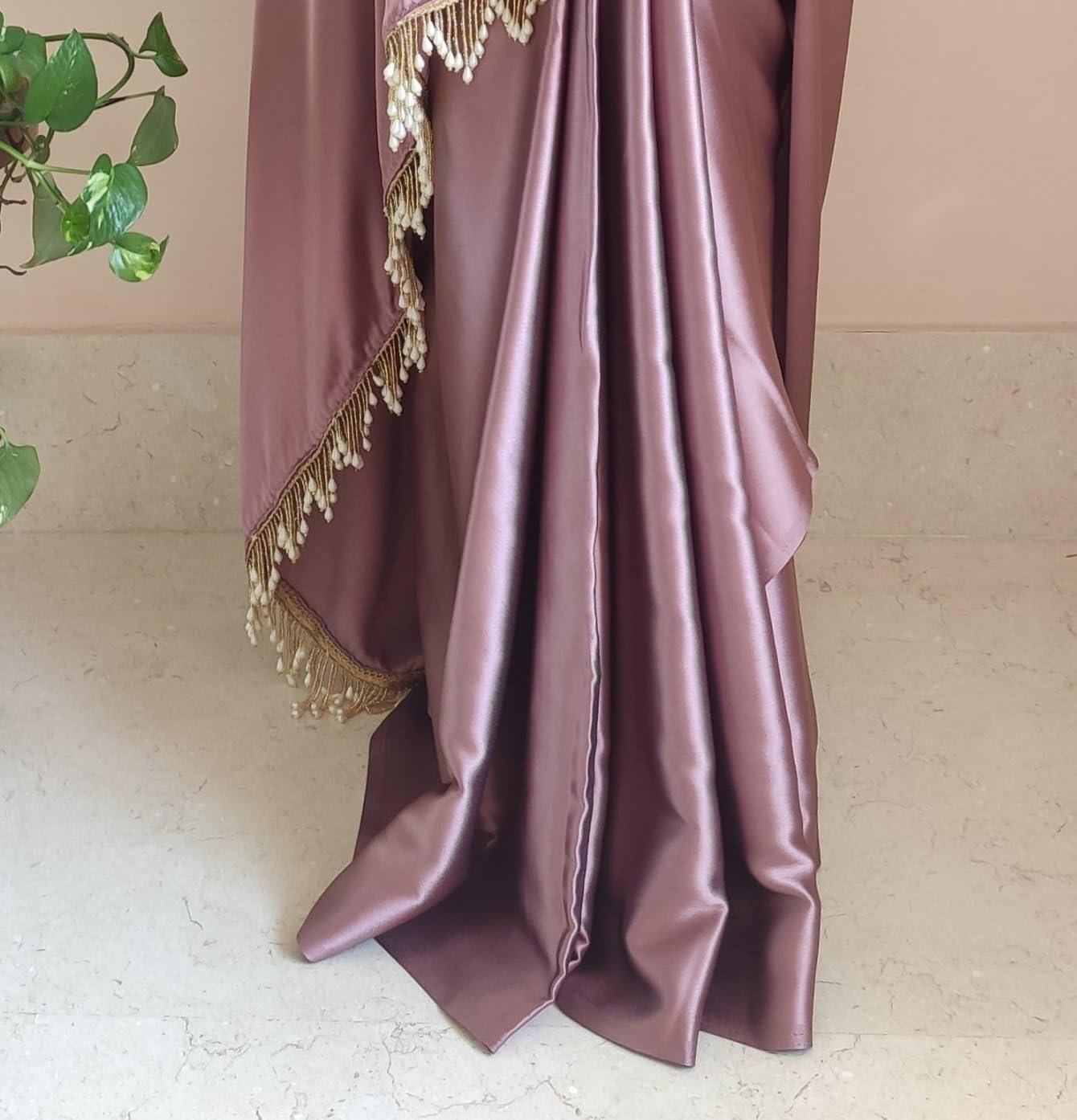 SATAZ Women's Ready to Wear Rose Gold Satin Silk 1 Minute Pre Pleated Readymade Saree with Unstitched Rose Gold Blouse - Image 3