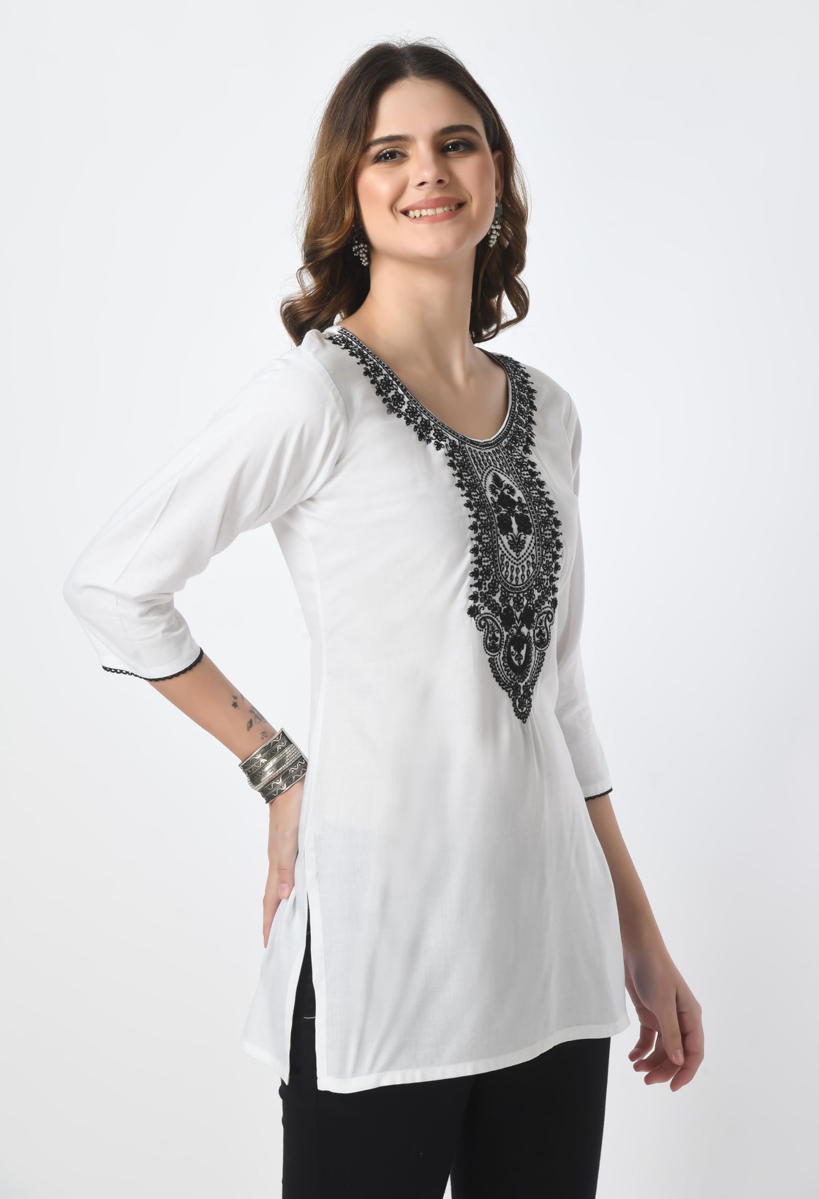 LIBOZA Short Kurti for Women – Lakhnowi Chikankari Embroidered Ladies Kurta, Stylish Girls Top, Ethnic Half Kurtas, Tunic Design Woman Kurtis White - Image 6