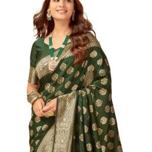 SIRIL Women's Silk Blend Dyed & Jacquard Saree with Unstitched Blouse Piece (3826S579_Dark Green)