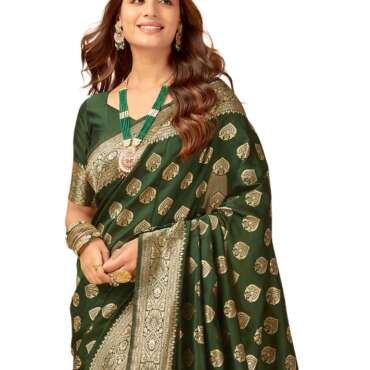 SIRIL Women's Silk Blend Dyed & Jacquard Saree with Unstitched Blouse Piece (3826S579_Dark Green)