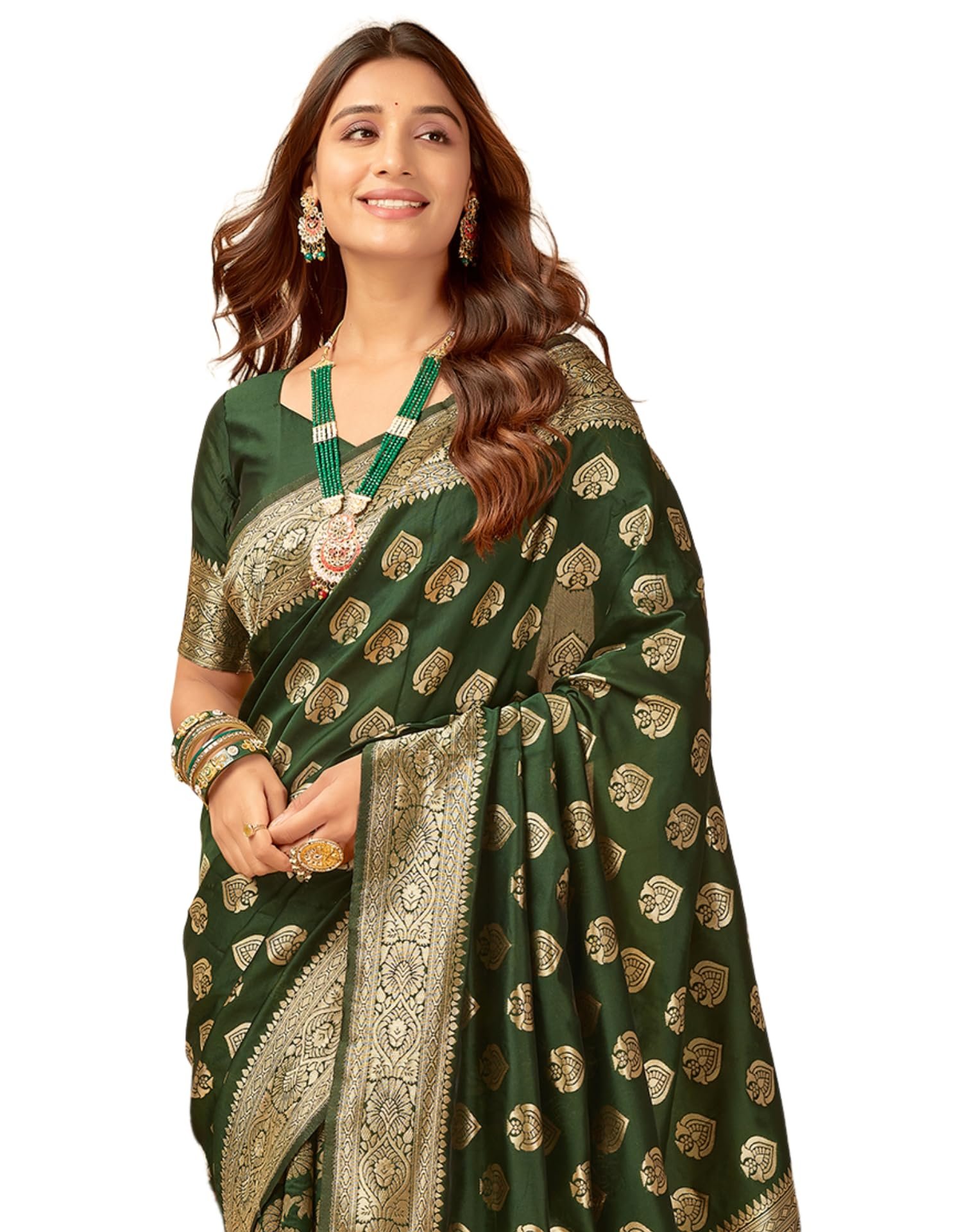 SIRIL Women's Silk Blend Dyed & Jacquard Saree with Unstitched Blouse Piece (3826S579_Dark Green)