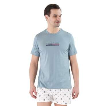 U.S. POLO ASSN. Men Cotton Crew Neck Brand Print Le001 Lounge Regular Fit T-Shirt-Pack of 1 (Lead Large), Light Blue