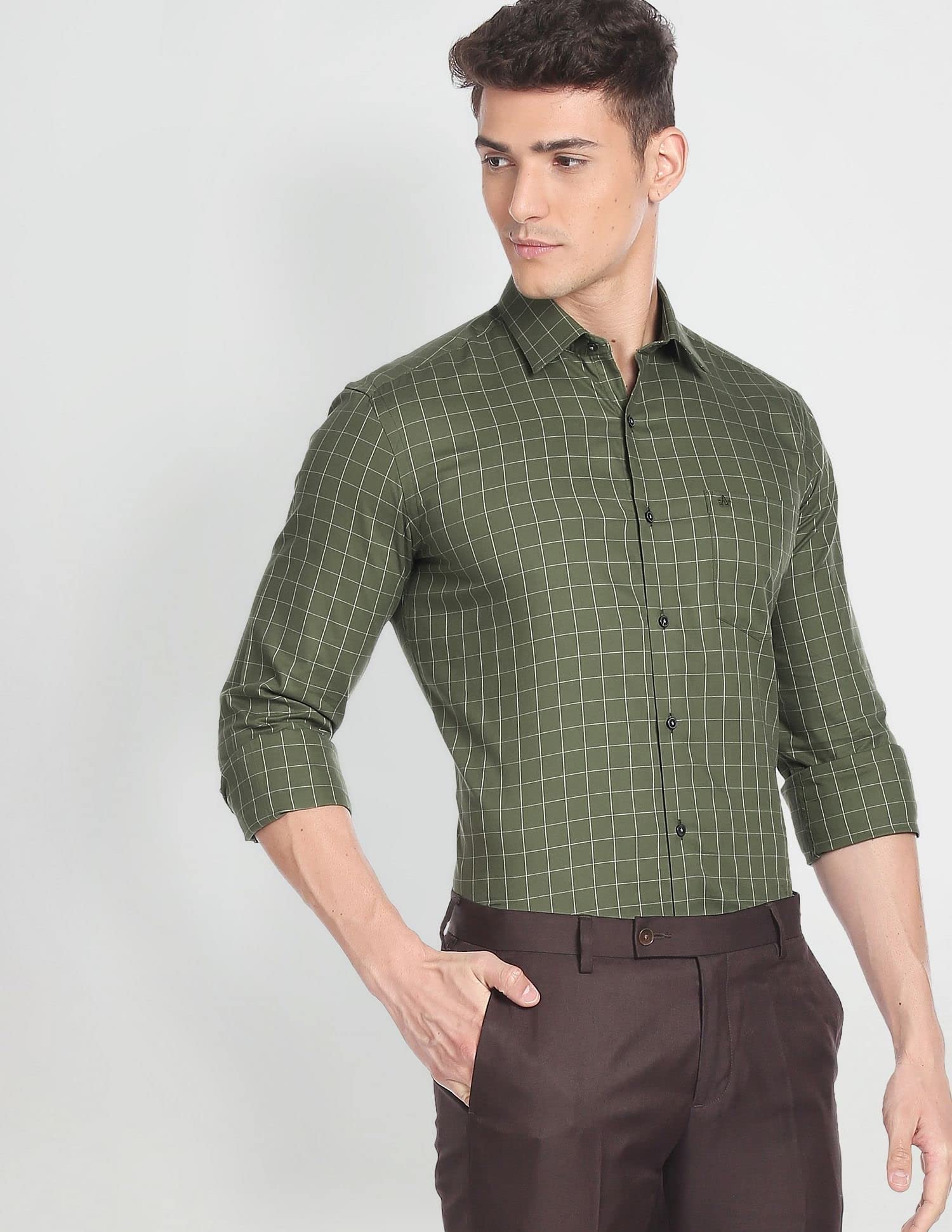 Arrow Men's Checkered Full Sleeve Slim Fit Cutaway Collar Cotton Formal Shirt (ARADOSH1244_Dark Green_39) - Image 8