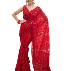 SIRIL Women's Georgette Sequence Embroidery Work Saree With Unstitched Blouse Piece (3775S105_Red)