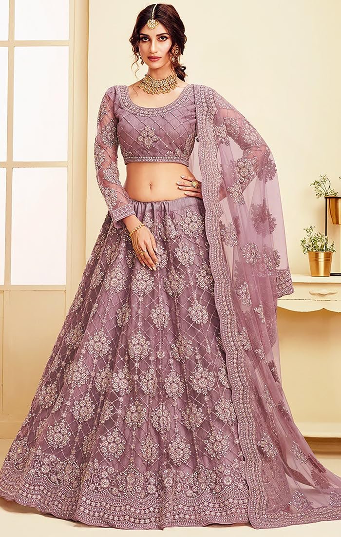 LADY SHOPI Women's Net Embroidered Semi-Stitched Lehenga Choli Maanav LH Pyazi - Image 2