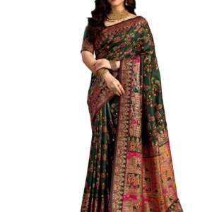 Satrani Women's Silk Kashmiri Minakari Weaving Saree with Unstitched Blouse Piece (4314S604N_Dark Green)