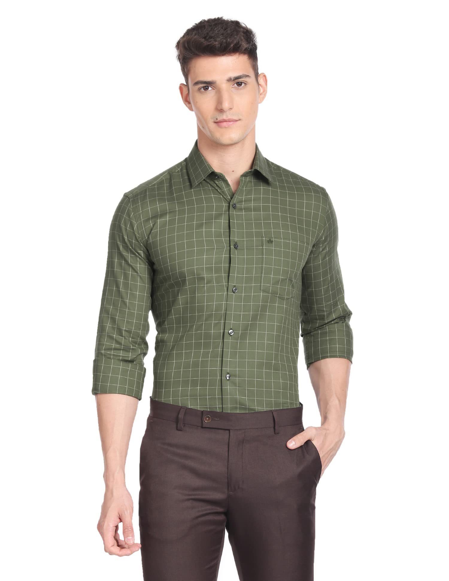 Arrow Men's Checkered Full Sleeve Slim Fit Cutaway Collar Cotton Formal Shirt (ARADOSH1244_Dark Green_39)