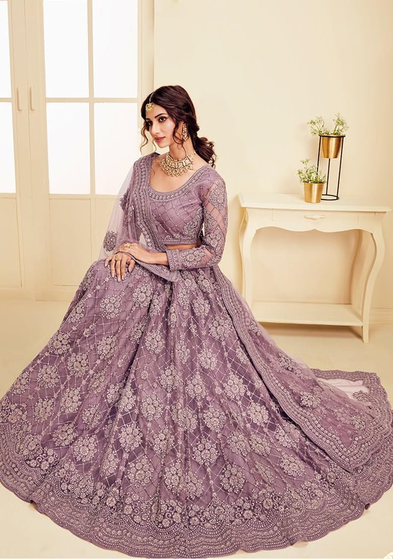 LADY SHOPI Women's Net Embroidered Semi-Stitched Lehenga Choli Maanav LH Pyazi - Image 4
