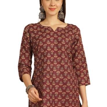 Rajnandini Women's Cotton Foil Printed Relaxed Fit Tunic Shirt (Joplst703-Xxl_Wine_Xxl)