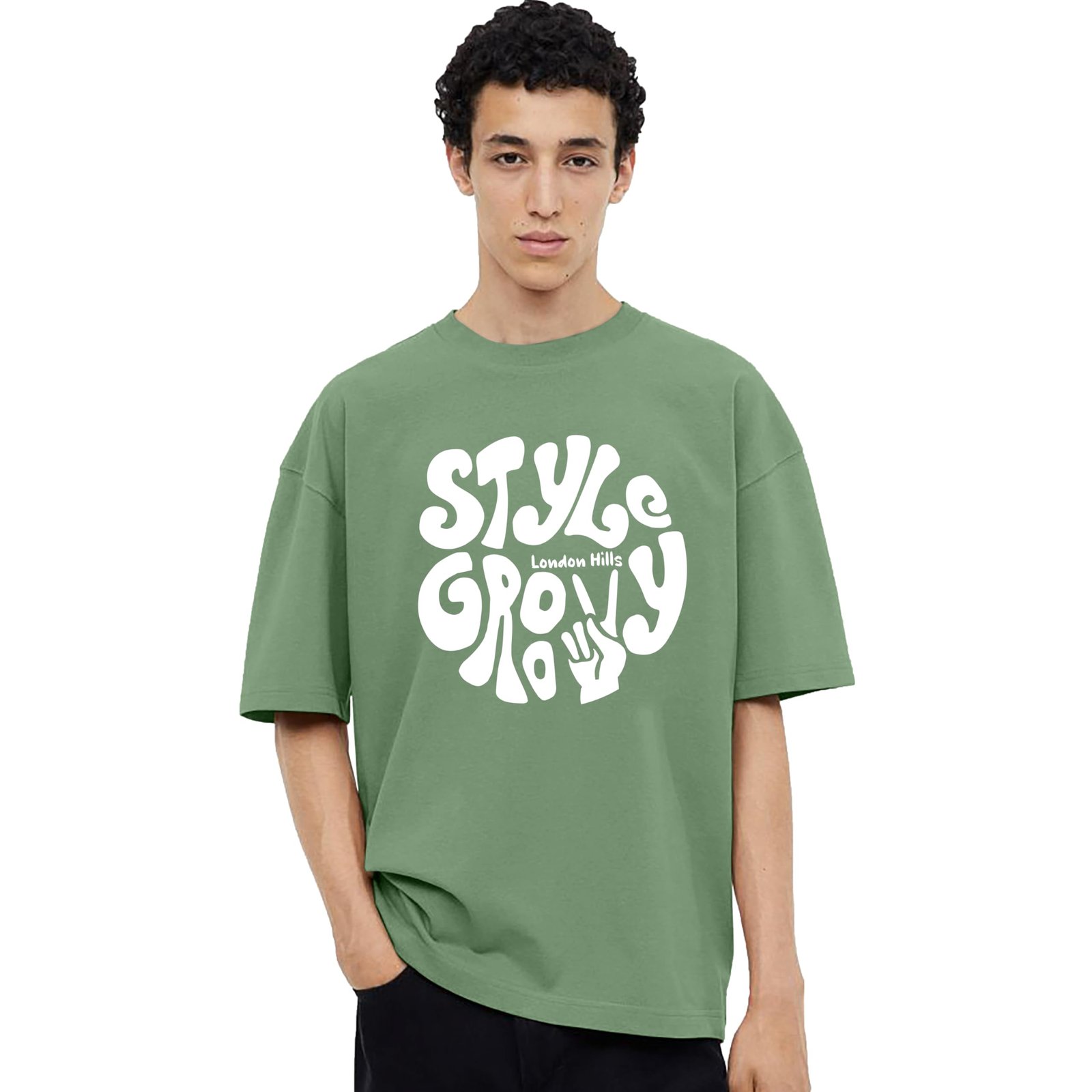 London Hills Men Cotton Blend Half Sleeve Oversized T-Shirt Green