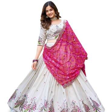KEDARFAB Women's Chinnon Sequins Embroidered Lehenga Choli With Dupatta Set (Peacock)