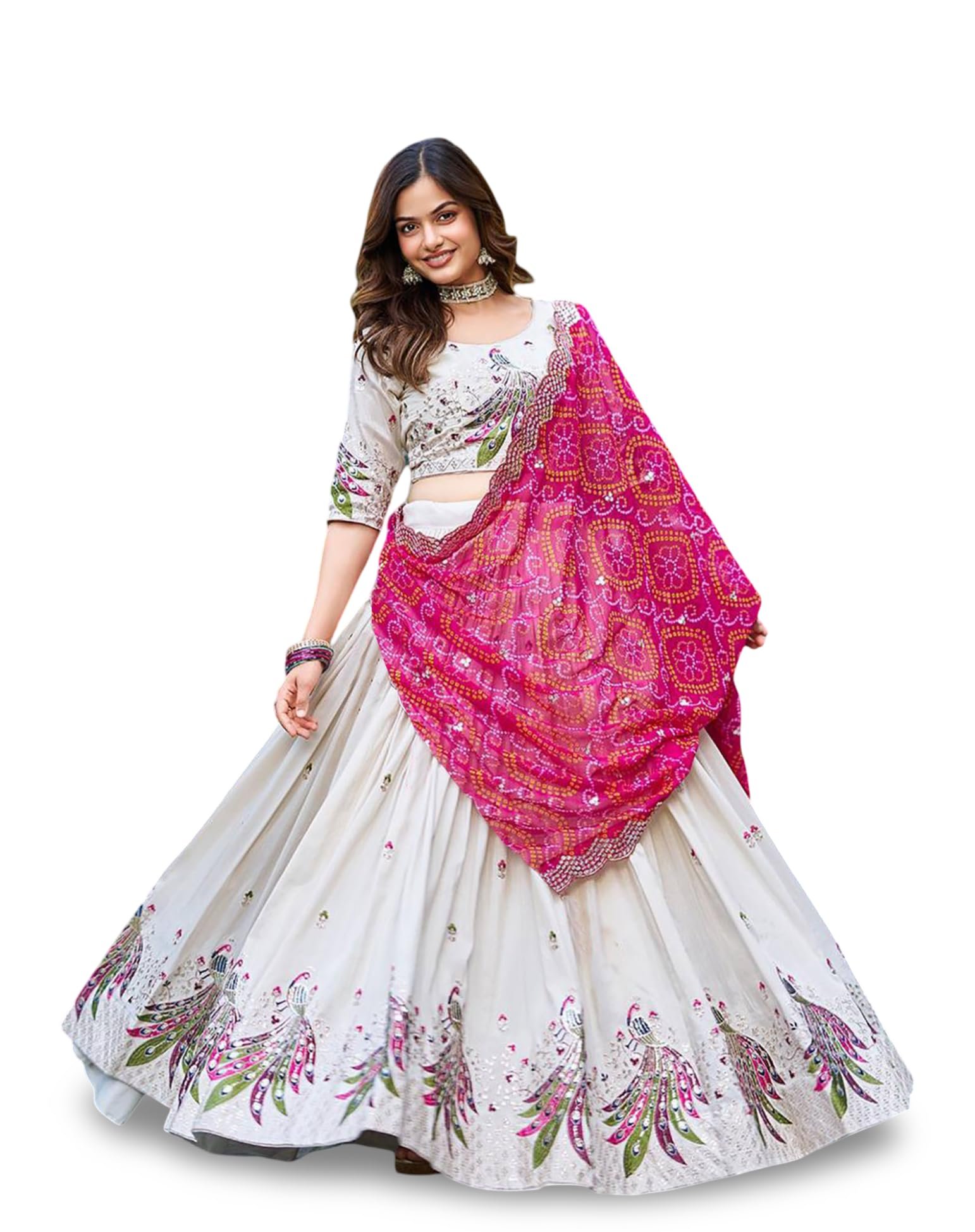 KEDARFAB Women's Chinnon Sequins Embroidered Lehenga Choli With Dupatta Set (Peacock)