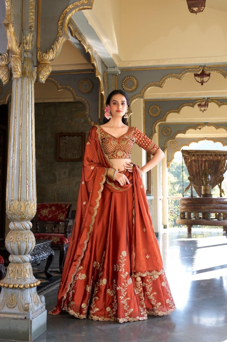 JIHU CULTURE Women's Orange Sequence Embroidery Work Silk Semi-Sttiched Lehenga Choli-JH290ORG - Image 2