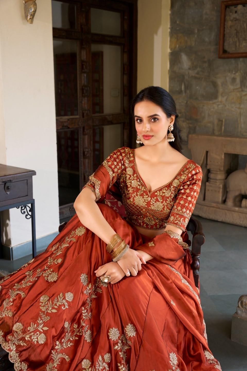JIHU CULTURE Women's Orange Sequence Embroidery Work Silk Semi-Sttiched Lehenga Choli-JH290ORG - Image 3