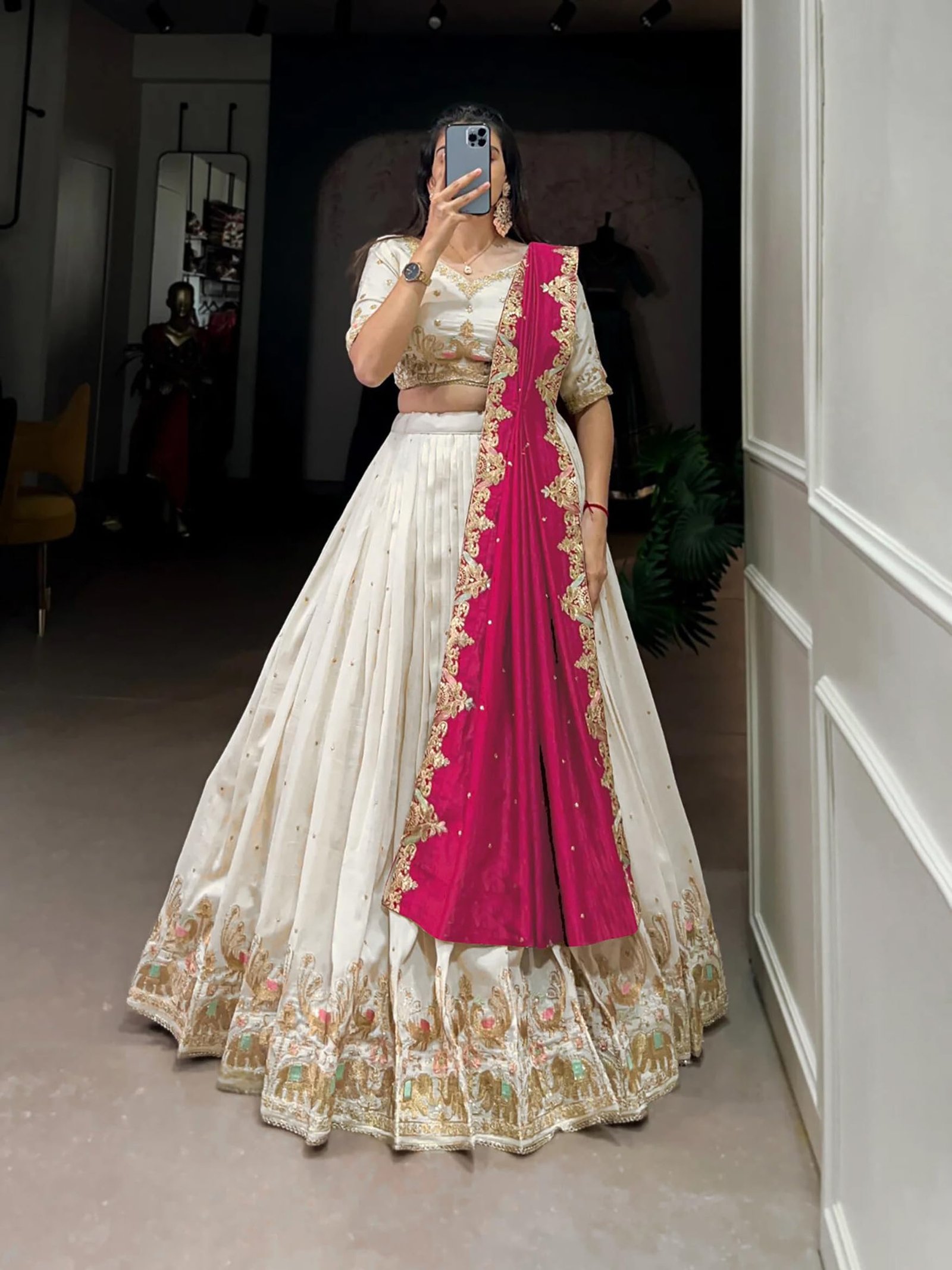 Suppar Sleave Women's Vichitra Silk Embroidered Semi Stitched Lehenga Choli With Dupatta (White) - Image 5