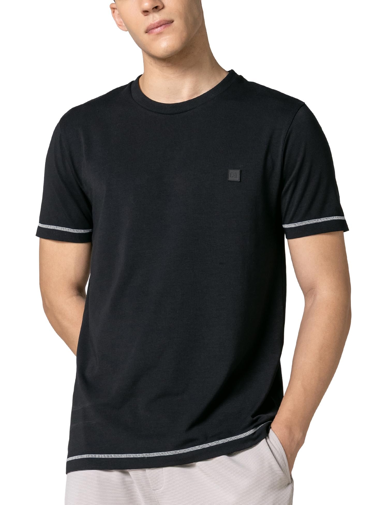 DAMENSCH Men’s Fluid Casual Solid Contrast Stitch Elemental Tees- Jet Black- X-Large