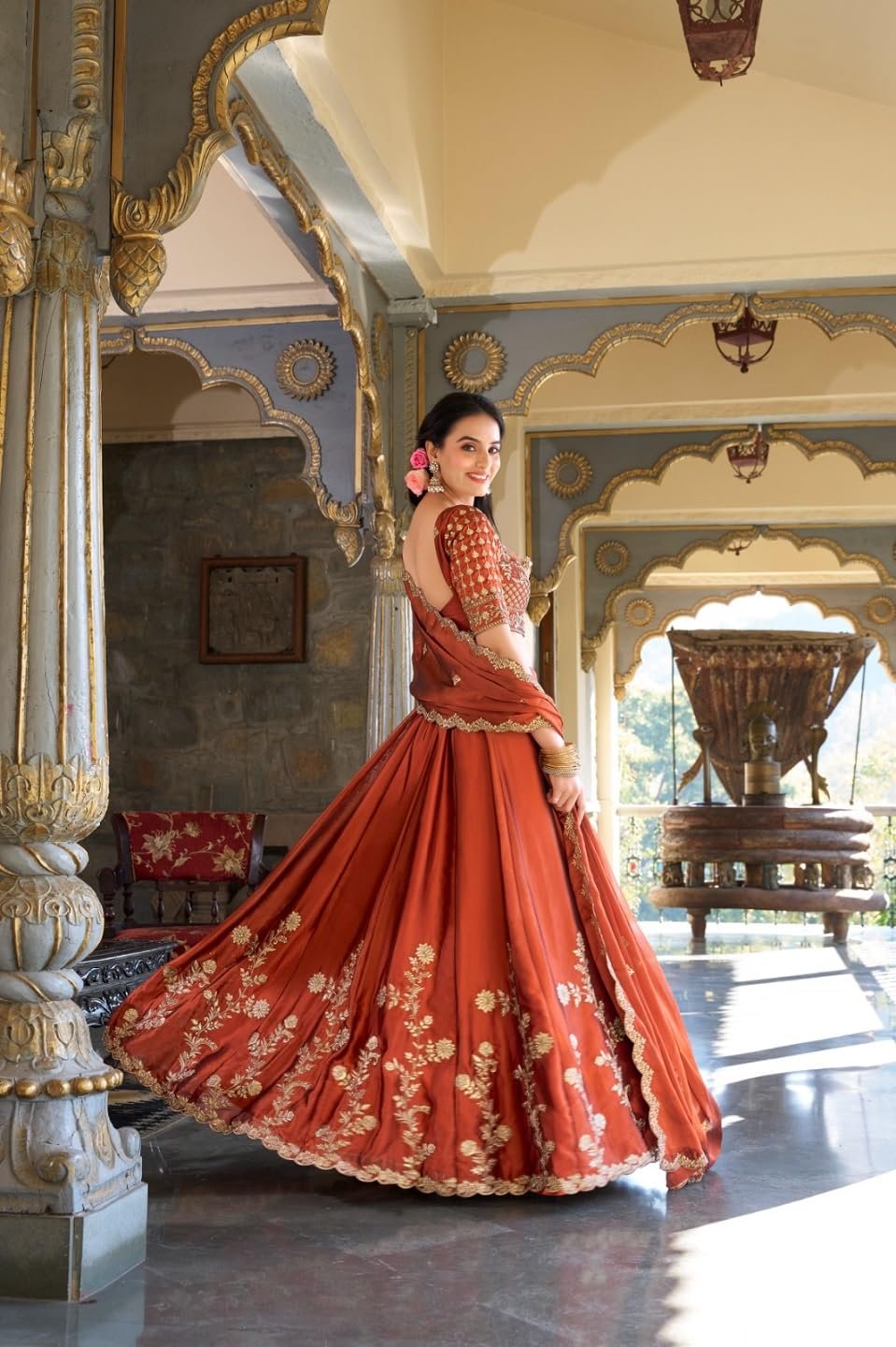 JIHU CULTURE Women's Orange Sequence Embroidery Work Silk Semi-Sttiched Lehenga Choli-JH290ORG - Image 5