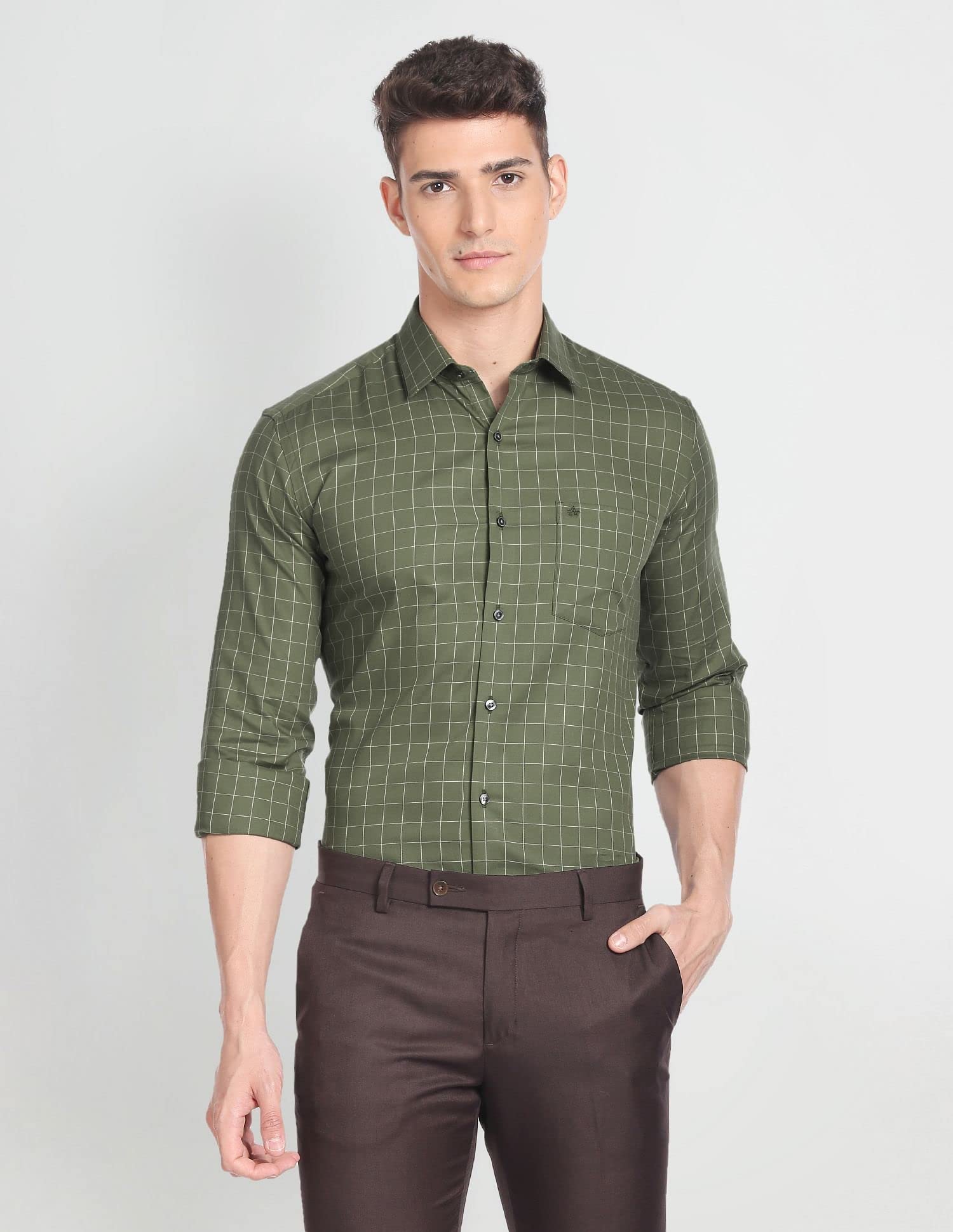 Arrow Men's Checkered Full Sleeve Slim Fit Cutaway Collar Cotton Formal Shirt (ARADOSH1244_Dark Green_39) - Image 3