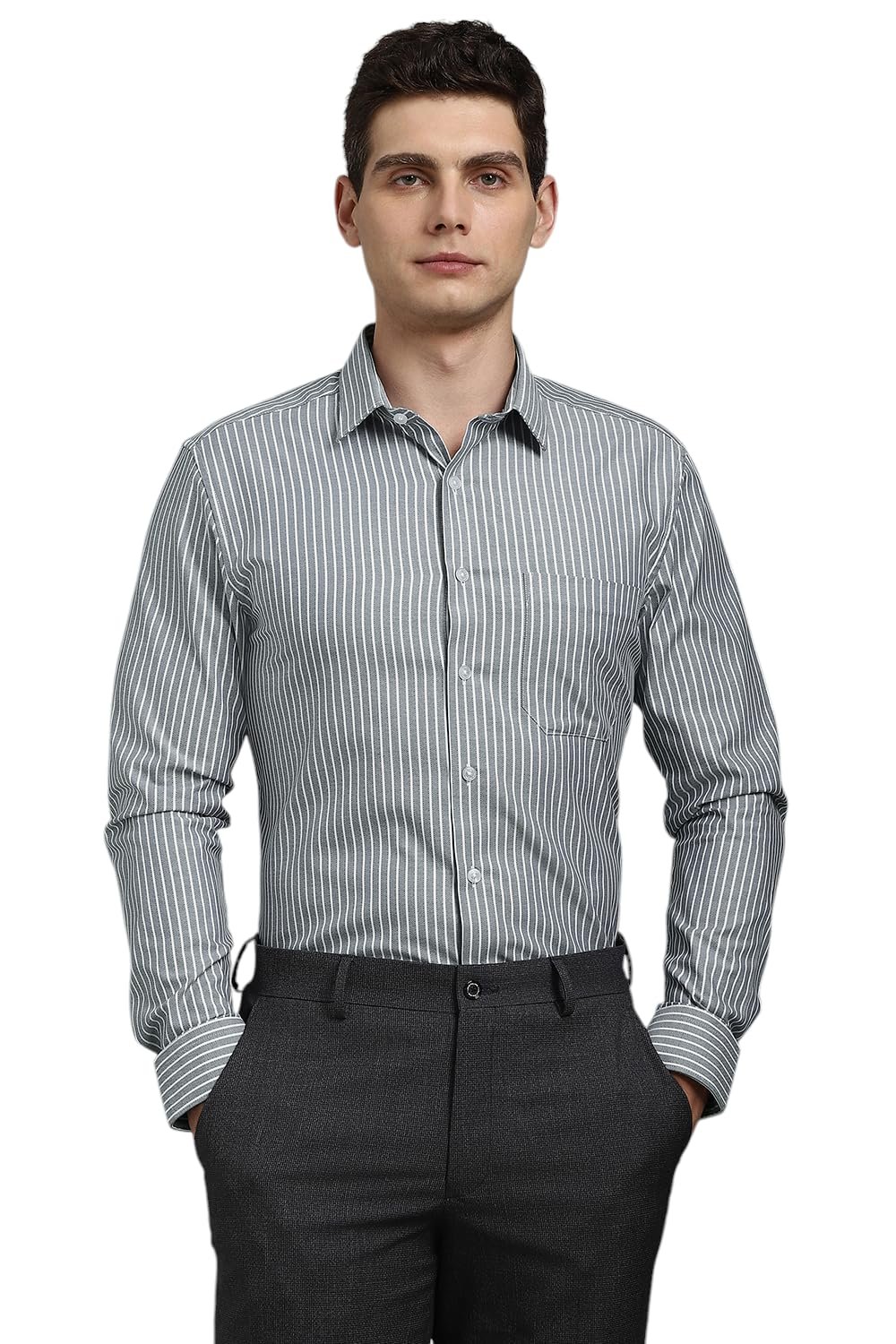 Louis Philippe Men Cotton Striped Slim Fit Shirt (LPSFMSLPR30093_Grey, 39