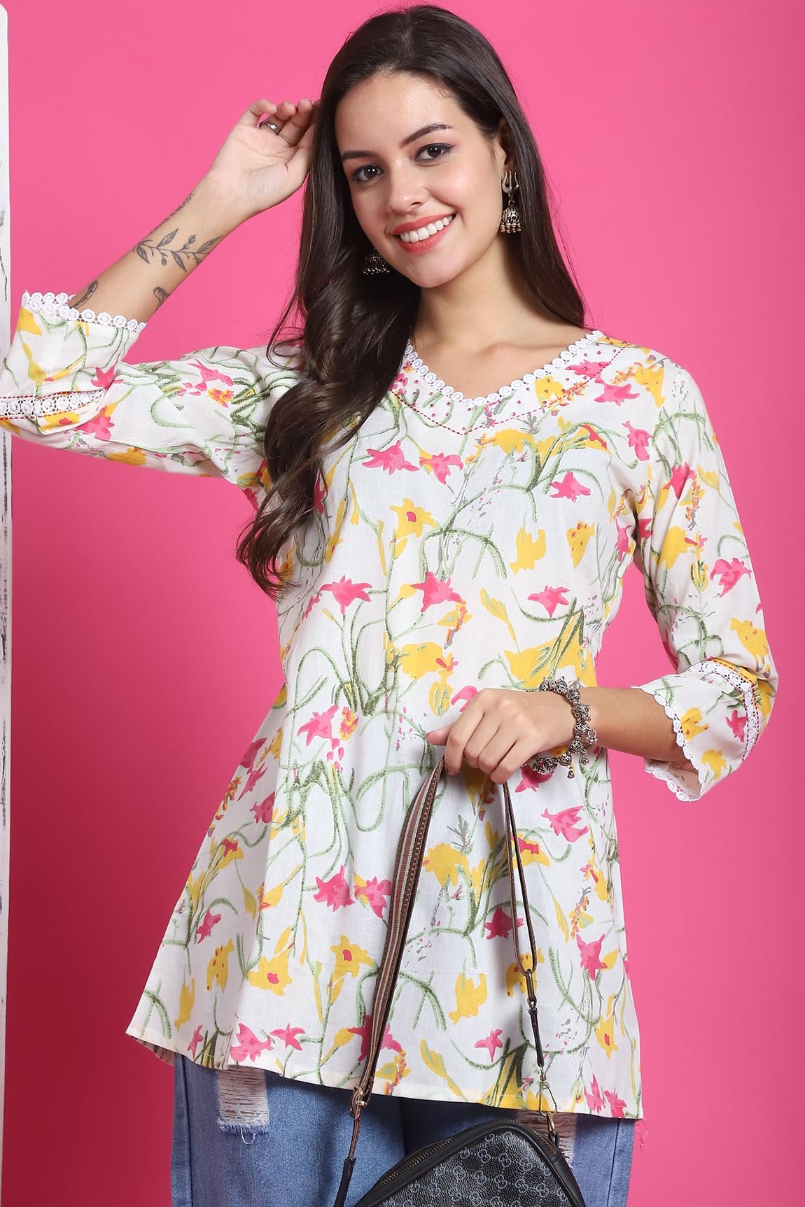 Rajnandini Women's Pure Cotton Floral Printed Tunic (JOPLJPR4021-XXL_White_XXL) - Image 3