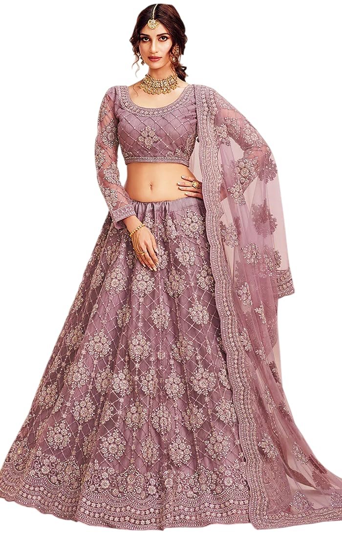 LADY SHOPI Women's Net Embroidered Semi-Stitched Lehenga Choli Maanav LH Pyazi