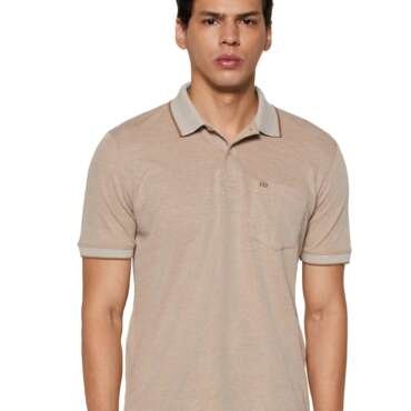 Peter England Men's Premium Branded Regular Fit Half Sleeve Polo T-Shirt with Pocket | Cotton Rich | Birds Eye Interlock Weave Beige