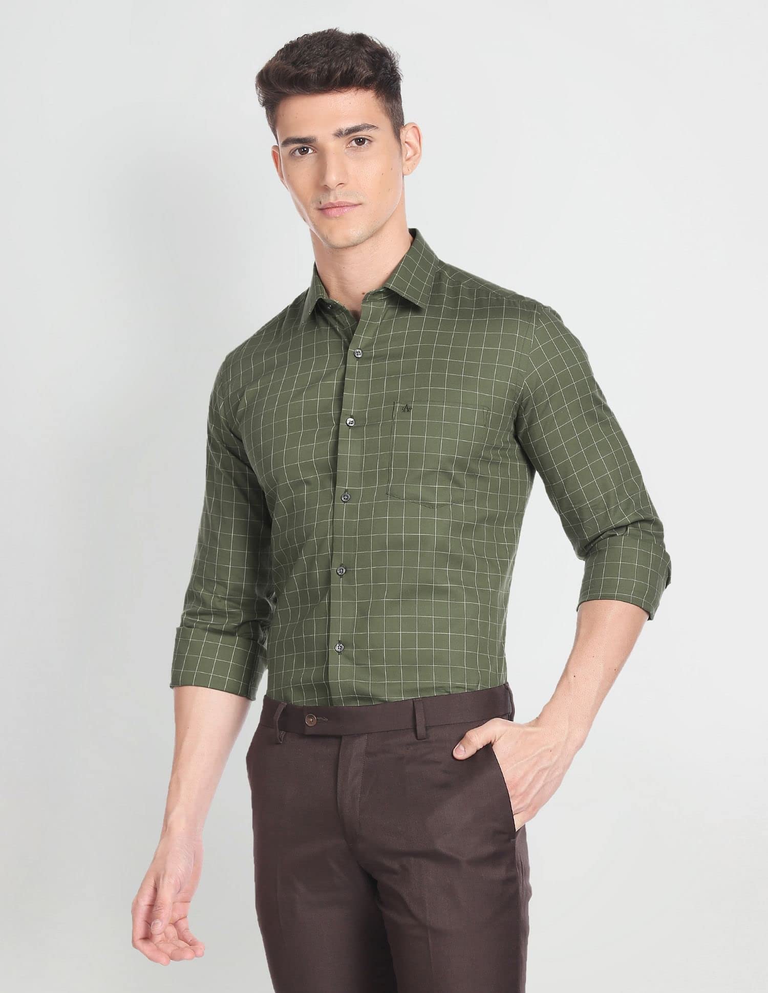 Arrow Men's Checkered Full Sleeve Slim Fit Cutaway Collar Cotton Formal Shirt (ARADOSH1244_Dark Green_39) - Image 5
