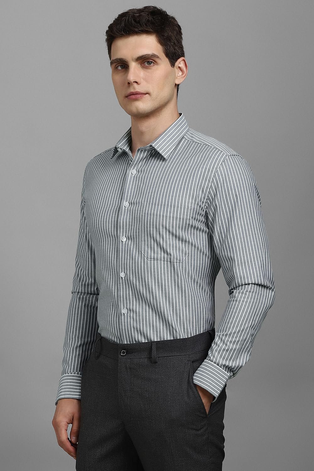 Louis Philippe Men Cotton Striped Slim Fit Shirt (LPSFMSLPR30093_Grey, 39 - Image 5