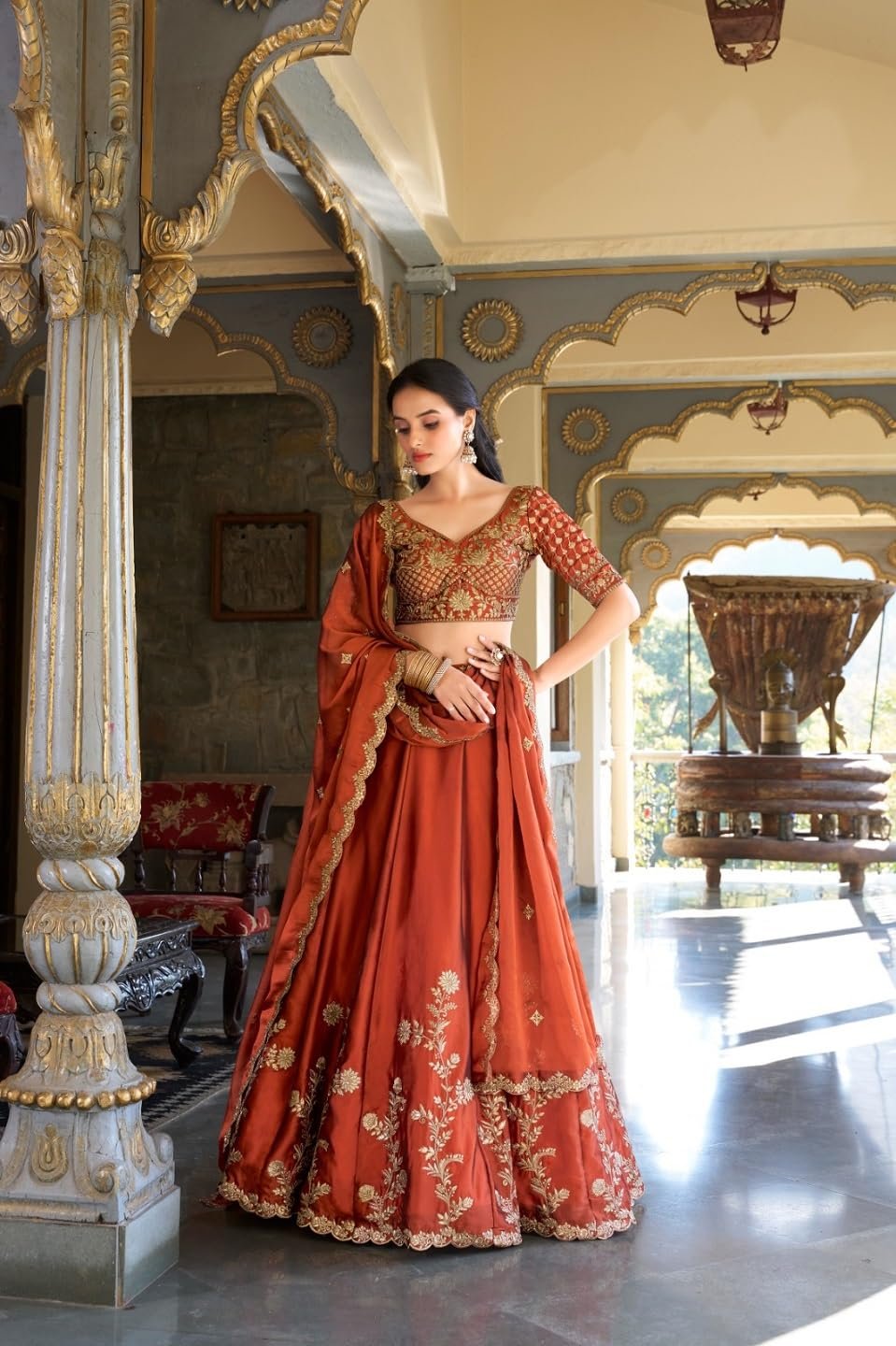 JIHU CULTURE Women's Orange Sequence Embroidery Work Silk Semi-Sttiched Lehenga Choli-JH290ORG - Image 6