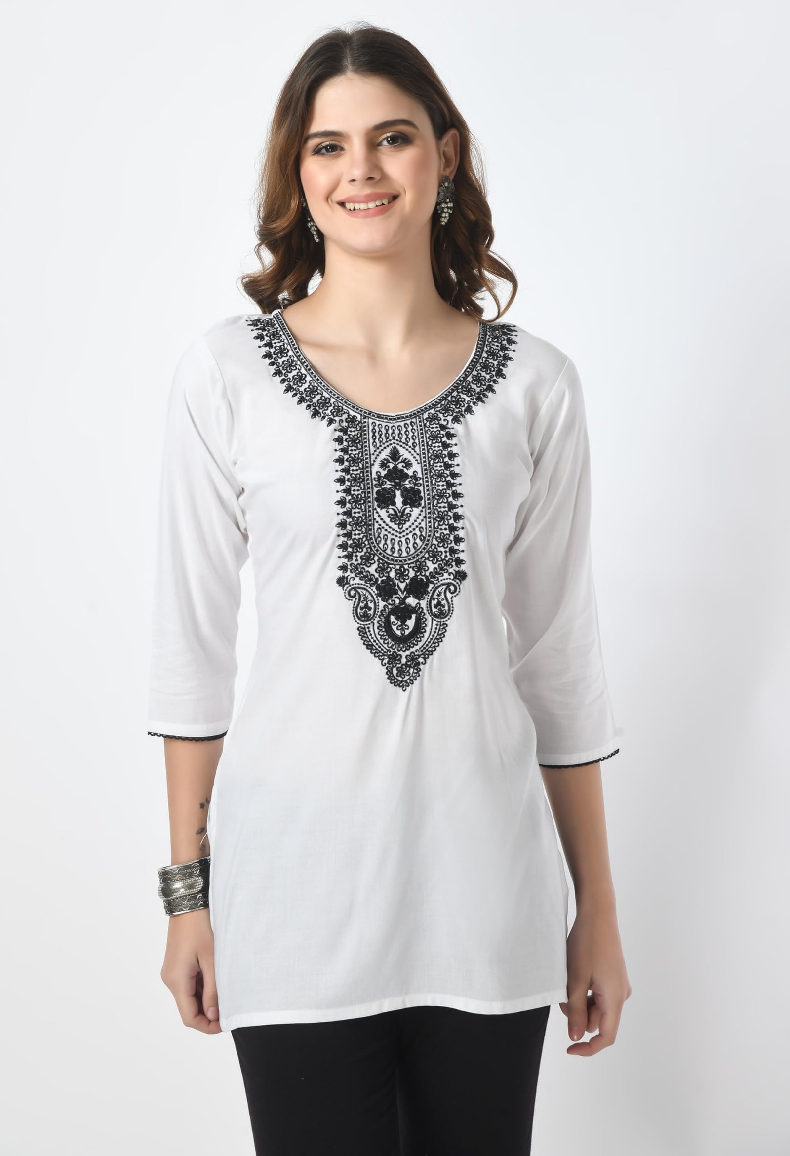 LIBOZA Short Kurti for Women – Lakhnowi Chikankari Embroidered Ladies Kurta, Stylish Girls Top, Ethnic Half Kurtas, Tunic Design Woman Kurtis White - Image 3