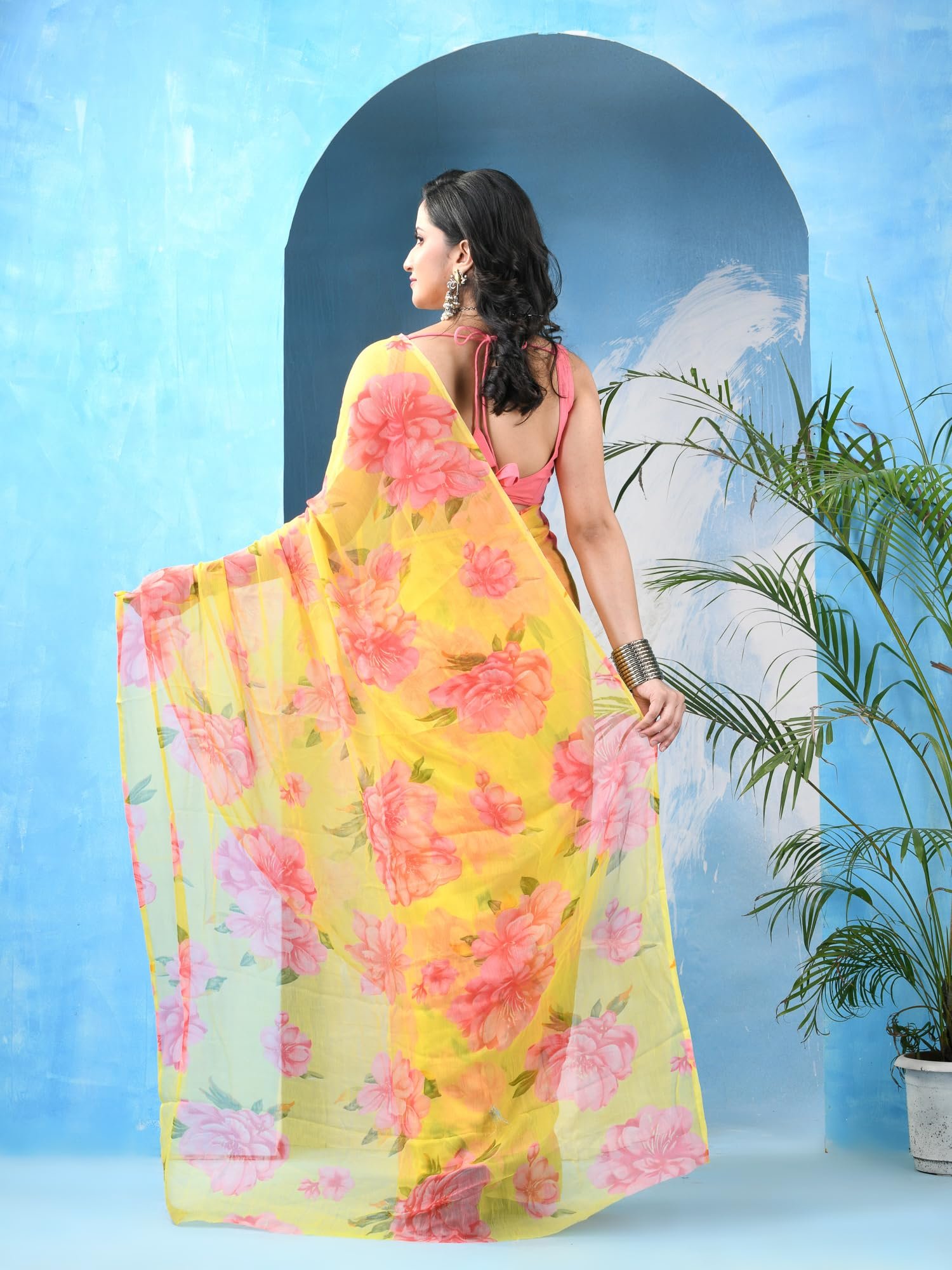 dB DESH BIDESH Women`s Latest Georgette Floral Printed Saree Batik Fancy Chiffon Party, Wear Sarees Royal SwagSutra silk georgette Chiffon trendy bandhani saree wedding,Without Blouse (Yellow) - Image 4