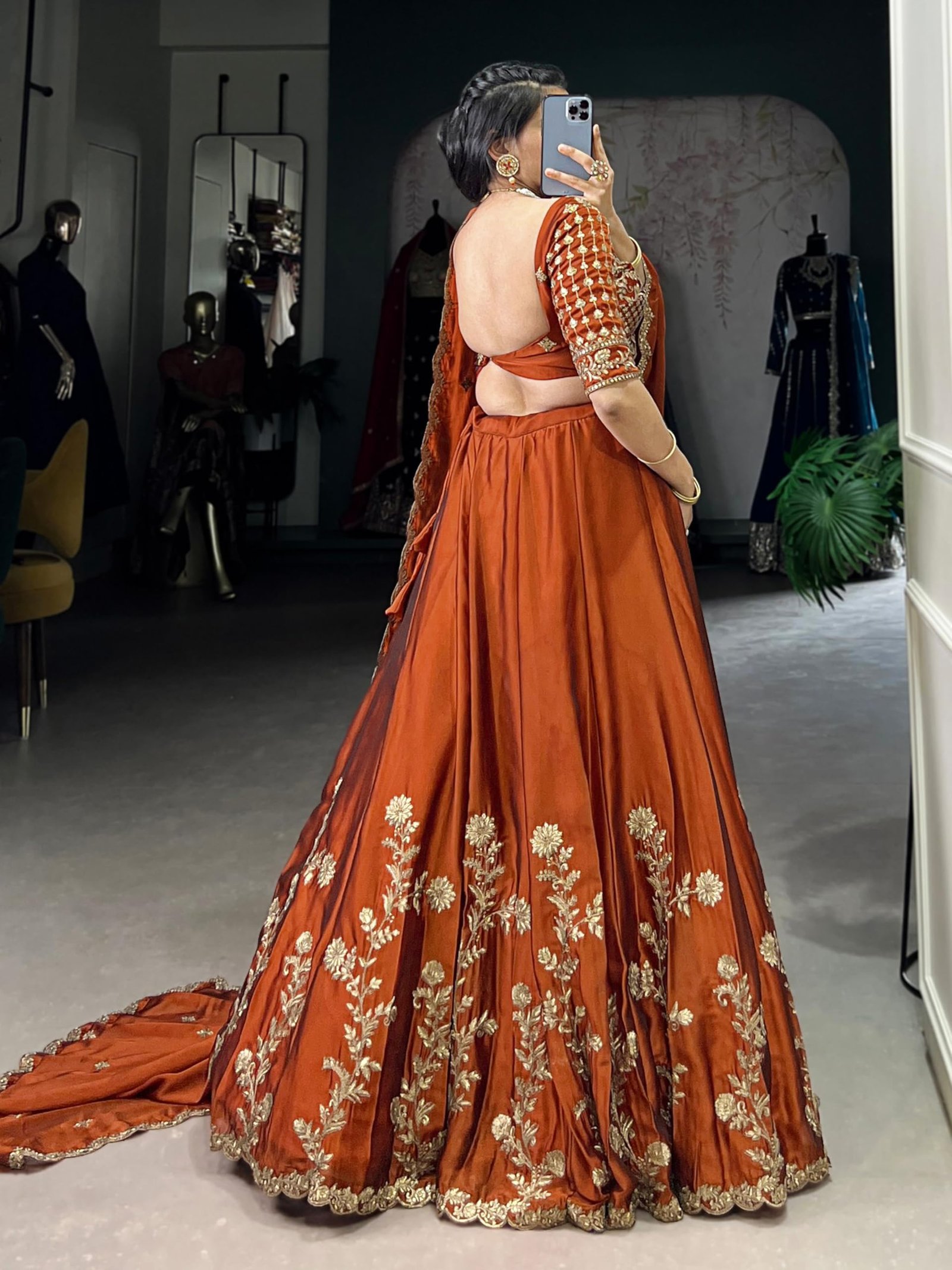 TRENDMALLS Women's Art Silk Embroidery Sequence work Lehenga Choli with Dupatta For Women (L308-DarkOrange-SemiStitch) - Image 9