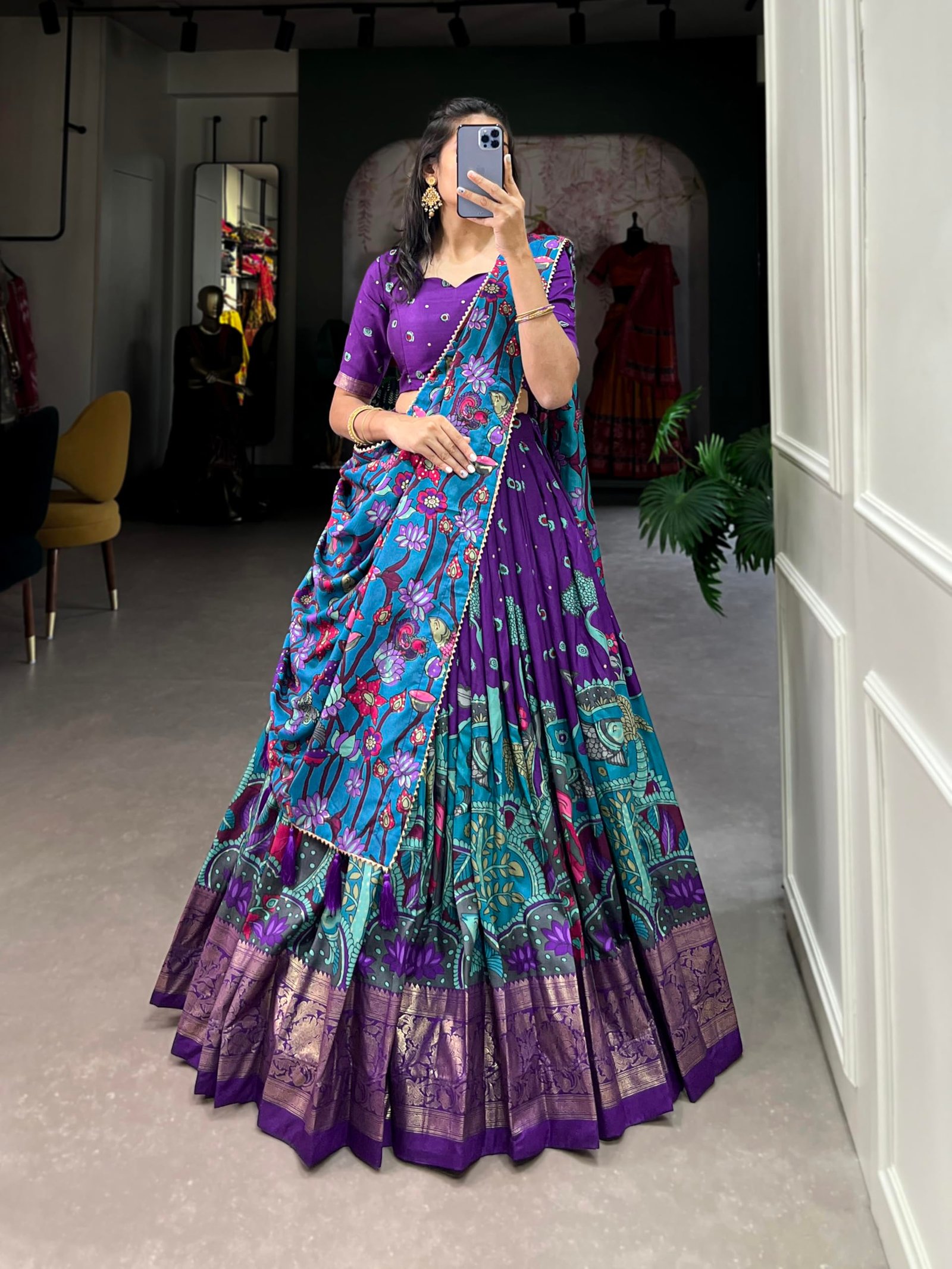 Women Tussar Silk Unstitched Dot & Ikkat Print With Foil Work Lehenga Choli Set (Purple), Medium - Image 5
