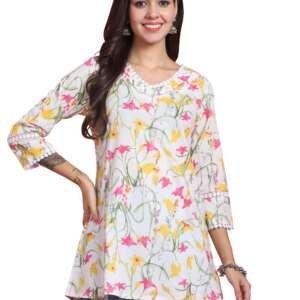 Rajnandini Women's Pure Cotton Floral Printed Tunic (JOPLJPR4021-XXL_White_XXL)