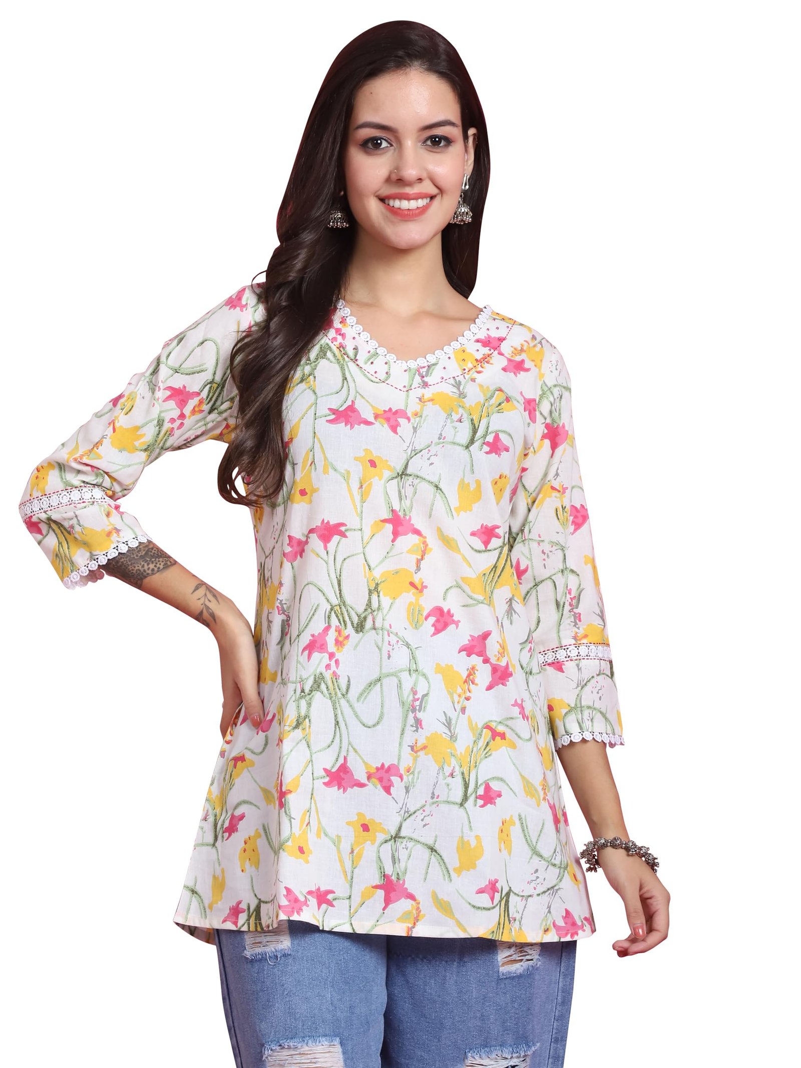Rajnandini Women's Pure Cotton Floral Printed Tunic (JOPLJPR4021-XXL_White_XXL)