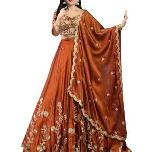 TRENDMALLS Women's Art Silk Embroidery Sequence work Lehenga Choli with Dupatta For Women (L308-DarkOrange-SemiStitch)