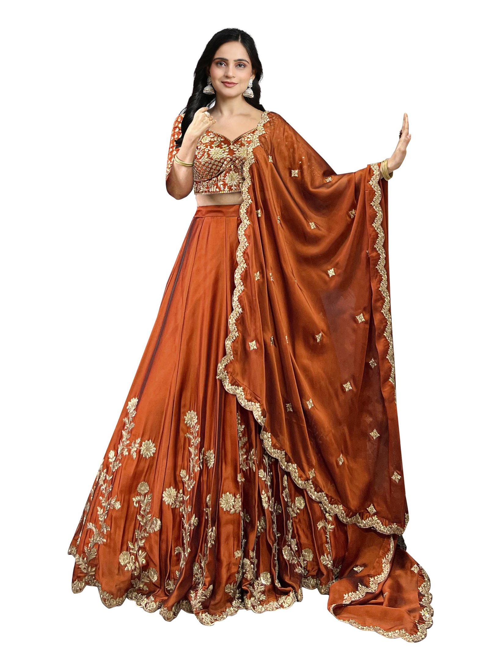 TRENDMALLS Women's Art Silk Embroidery Sequence work Lehenga Choli with Dupatta For Women (L308-DarkOrange-SemiStitch)